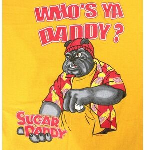Sugar Daddy "Who's Ya Daddy?" Bulldog Graphic T Shirt Gold Mens Large Y2K 2003